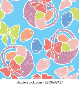 Easter seamless vector pattern with flowers, eggs, basket, spring decorative elements. Hand drawn illustration for textile print, fabric design, party decoration, scrapbooking, wallpaper and wrapping.