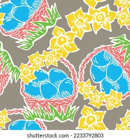 Easter seamless vector pattern with flowers, eggs, basket, spring decorative elements. Hand drawn illustration for textile print, fabric design, party decoration, scrapbooking, wallpaper and wrapping.