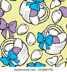 Easter seamless vector pattern with flowers, eggs, basket, spring decorative elements. Hand drawn illustration for textile print, fabric design, party decoration, scrapbooking, wallpaper and wrapping.