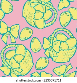 Easter seamless vector pattern with flowers, eggs, basket, spring decorative elements. Hand drawn illustration for textile print, fabric design, party decoration, scrapbooking, wallpaper and wrapping.