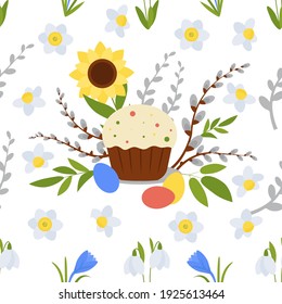 Easter seamless vector pattern. Glazed cupcake with eggs, willow branches and first spring flowers. Endless structure helps to use it in your designs: wrapping paper for presents, fabric and textile.
