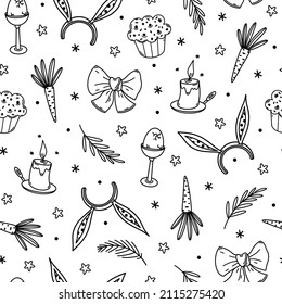 Easter seamless vector pattern. Hand drawn illustration isolated on white backdrop. Holiday symbols - egg, candle, cake, carrot, rabbit ears. Seasonal concept for decoration, card design, wrapping,web