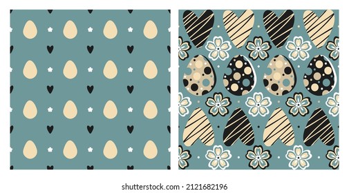 Easter seamless vector pattern on blue background.