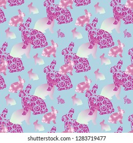 Easter seamless vector pattern: pink bunnies on a pastel blue background 