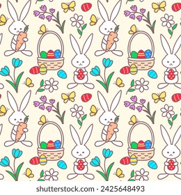 Easter seamless vector pattern with rabbits and painted eggs in basket, colorful decoration, design for textile print, wallpaper, packaging. 
