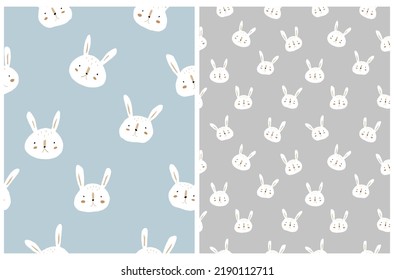 Easter Seamless Vector Pattern with White Rabbits Isolated on Pastel Blue and Light Gray Background. Cute Hand Drawn Repeatable Print with Bunny Heads. Lovely Nursery Design for Baby Boys and Girls.