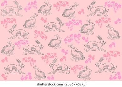 Easter Seamless vintage pattern with ink hand drawn hare illustrations. Perfect for textile, wallpaper or print design,  greetings card, flyers, invitation, wrapping paper, website wallpapers, textile