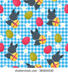 Easter seamless wallpaper. Easter bunny with flowers and Easter egg on checkered background. Beautiful vector festive seamless pattern. 