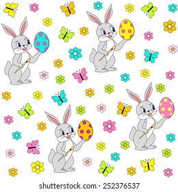 easter seamless,pattern. bunny,egg, flower and butterfly on a white background,vector