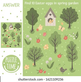Easter searching game for children with colored eggs in spring garden. Cute funny smiling characters. Find hidden objects