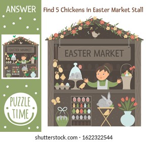 Easter searching game for children with spring shop with colored eggs and bunny. Cute funny smiling characters. Find hidden chickens in market stall