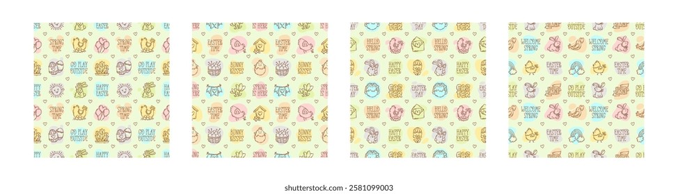 Easter season doodle style icons and quotes seamless pattern, hand-drawn spring hunt theme background, cute symbols and elements collection.