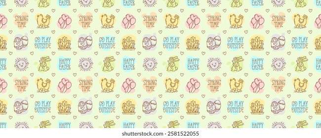 Easter season doodle style icons and quotes seamless pattern, hand-drawn spring hunt theme background, cute symbols and elements collection.