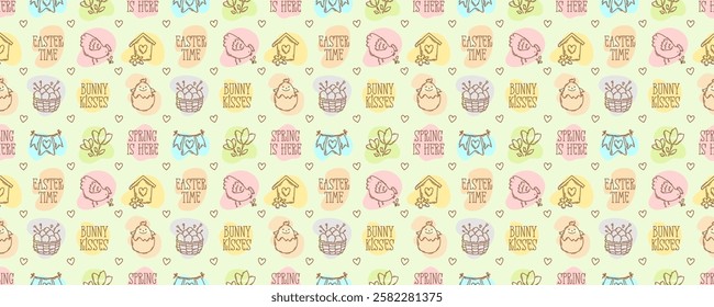 Easter season doodle style icons and quotes seamless pattern, hand-drawn spring hunt theme background, cute symbols and elements collection.