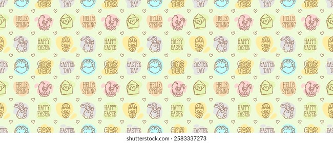 Easter season doodle style icons and quotes seamless pattern, hand-drawn spring hunt theme background, cute symbols and elements collection.