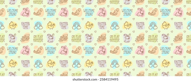 Easter season doodle style icons and quotes seamless pattern, hand-drawn spring hunt theme background, cute symbols and elements collection.