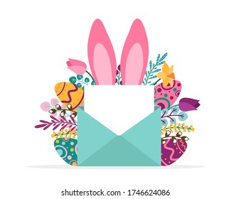 Easter season greeting card with flowers and envelope vector illustration. Pink bunny ears and floral decoration flat style. Painted eggs. Spring holiday concept. Isolated on white