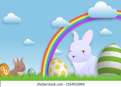 Easter season with rabbit and colorful eggs in meadow field background.