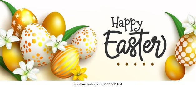 Easter Season Vector Background Design. Happy Easter Text With 3d Golden Eggs In Decoration Pattern For Egg Hunt Seasonal Celebration Greeting Messages. Vector Illustration.
