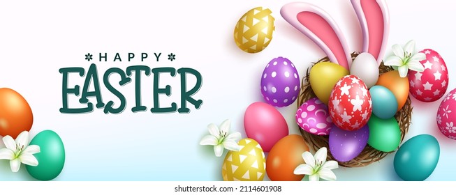 Easter season vector background design. Happy easter text with 3d colorful eggs and bunny ears in basket nest decoration for playful egg hunt celebration. Vector illustration.
