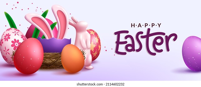 Diseño de fondo vectorial de temporada de Semana Santa. Feliz texto de Pascua con huevos 3d y decoración de conejito para los mensajes de bienvenida estacionales de la caza de huevos. Ilustración vectorial.
