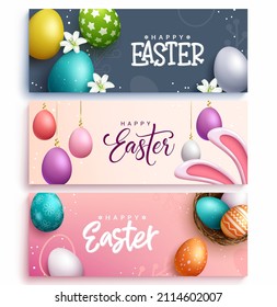 Banner vectorial de la temporada de Semana Santa. Feliz reunión de texto de saludo de Pascua con estampados de huevo 3d coloridos para el diseño estacional de celebración de fiestas. Ilustración vectorial.
