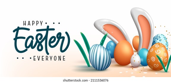 Easter season vector design. Happy easter text with 3d realistic bunny ears figurine and colorful eggs decoration pattern for holiday celebration greeting. Vector illustration.
