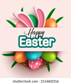 Easter season vector design. Happy easter typography text in pink space with 3d realistic bunny figurine and colorful eggs pattern for seasonal holiday celebration. Vector illustration.
