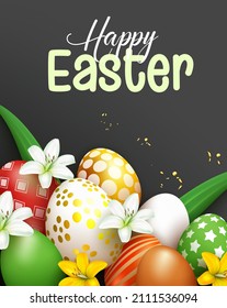 Easter season vector poster design. Happy easter greeting text with 3d flowers and eggs bunch in elegant background for seasonal holiday celebration. Vector illustration.
