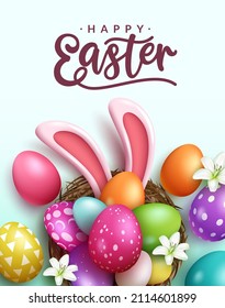 Easter season vector poster design. Happy easter text with 3d realistic bunny ears and eggs bunch in nest for holiday season greeting background. Vector illustration.
