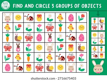Búsqueda de Pascua y encontrar juego con símbolos tradicionales. Puzzle de entrenamiento de habilidades de atención con conejito, huevo de color, flor. Actividad imprimible para niños. Puzzle de búsqueda de vacaciones de primavera. Buscar grupos de objetos
