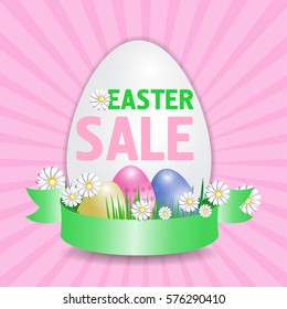 Easter selling poster in the shape of an egg with an elegant ribbon. Vector illustration.