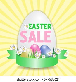 Easter selling poster in the shape of an egg with an elegant ribbon. Vector illustration.