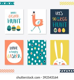 Easter Set of 6 cute creative card templates with decorative eggs. Hand Drawn. For Easter, party invitations, scrapbook. Vector illustration. Turquoise, peach, blue, yellow.