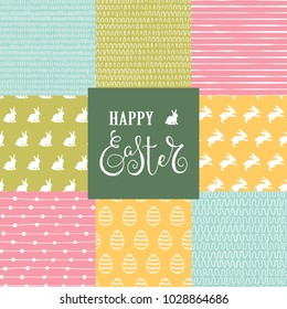 Easter set with 8 cute seamless backgrounds with rabbits, eggs and doodle pattenes. Vector illustration.
