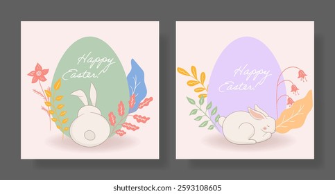 Easter set. Back-facing bunny, green egg, vibrant floral details, soft pastel tones, delicate botanical elements, warm festive design, joyful spring greeting, holiday decoration