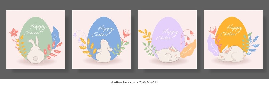 Easter set. Back-facing bunny, green egg, floral composition, vibrant botanical elements, soft pastel shades, peaceful seasonal theme, elegant festive greeting, joyful holiday design