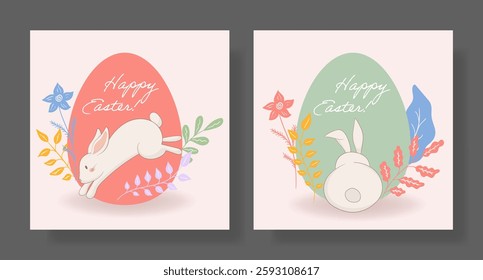 Easter set. Back-facing bunny, green egg, delicate flowers, warm pastel palette, nature-inspired decoration, elegant seasonal greeting, peaceful holiday composition, spring celebration