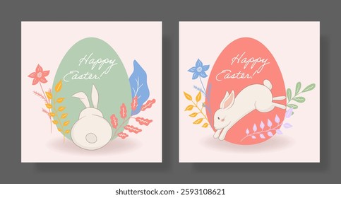 Easter set. Back-facing bunny, green egg, elegant floral details, intricate botanical elements, soft pastel palette, peaceful seasonal theme, artistic festive greeting, joyful holiday