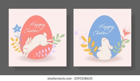 Easter set. Back-facing bunny, green egg, blooming flowers, intricate leaves, delicate spring colors, peaceful seasonal design, warm holiday greeting, nature-inspired composition