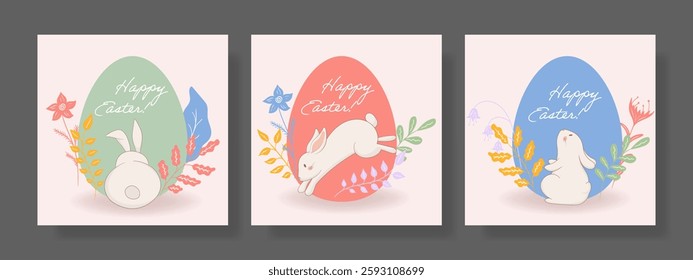 Easter set. Back-facing rabbit, green egg, surrounding flowers, colorful springtime leaves, soft minimalistic style, joyful festive mood, elegant floral art, seasonal greeting