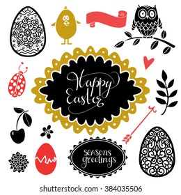 Easter set. Background with calligraphic text, hand drawn eggs, cherry, chicken, owl, flowers, frame, ladybug, ribbon, leaves, heart, arrow, isolated