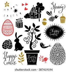 Easter set. Background with handwriting text, hand drawn egg, potted plant, flower, birds, heart, star, leaves, cake, rabbit, bee, frame, gift box, house, tree isolated silhouettes