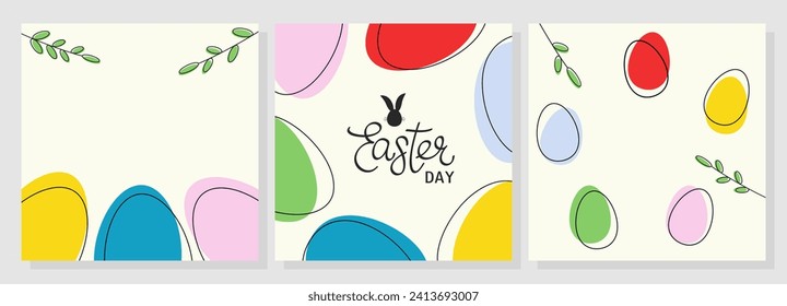 Easter set of banner, greeting card, poster, holiday cover, header. Colorful Easter eggs. Flat minimalistic vector illustration. Lineart modern style.