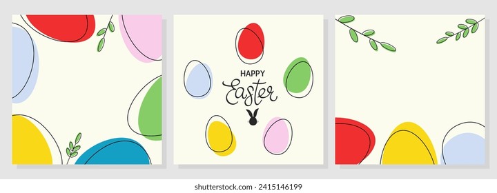 Easter set of banner, greeting card, poster, holiday cover, header. Colorful Easter eggs. Flat minimalistic vector illustration. Lineart modern style.