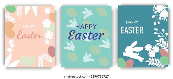 Juego de banners de Pascua, tarjetas de felicitación, afiches, portadas de vacaciones. Diseño moderno con plantas, huevos y conejito en tonos pastel. Estilo minimalista del arte moderno.