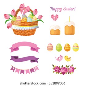 Easter set with basket with eggs, Easter cake, ribbons, birds and Happy Easter text. Vector illustration isolated on white background.