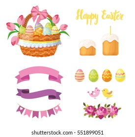 Easter set with basket with eggs, Easter cake, ribbons, birds and Happy Easter text. Vector illustration isolated on white background.