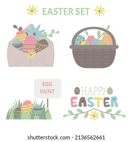  Fiesta de Semana Santa con cesta, flores de caza de huevos y huevos en colores pastel.Equipo de cosecha de vacas