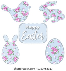 Easter set. Easter bird, bunny, egg with roses